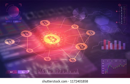 Head-up display of a bitcoin trading platform, cryptocurrency exchange platform concept. 