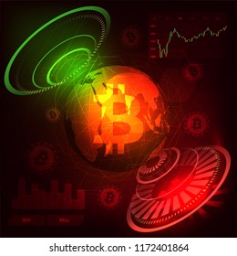 Head-up display of a bitcoin trading platform, cryptocurrency exchange platform concept. 
