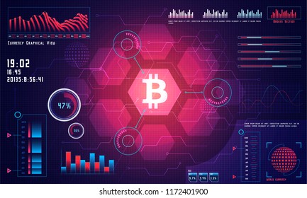 Head-up display of a bitcoin trading platform, cryptocurrency exchange platform concept. 