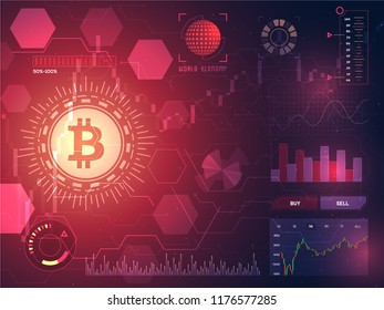 Head-up display of a bitcoin trading platform, cryptocurrency exchange platform concept. 