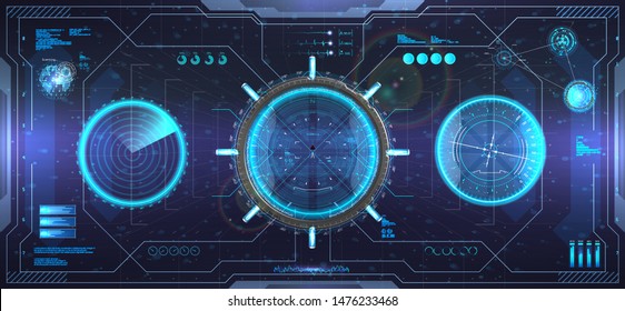 Head-up display design interface. HUD Virtual reality cockpit helmet. View from the sci-fi helmet. Futuristic user interface GUI, HUD. View from the cockpit spaceship. Full Color Vector illustration
