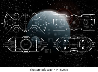 Head-up display elements for the Spaceship interface. Futuristic user interface. HUD elements for web and app interfaces. Sci Fi Navigation and radar Virtual graphic UI