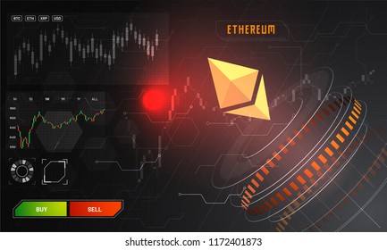 Head-up display de uma plataforma de negociação de ethereum (ETH), conceito de plataforma de troca de criptomoedas. 