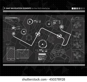 Head-up display navigation map elements for the web and app. Futuristic user interface. Template UI for app and virtual reality.
