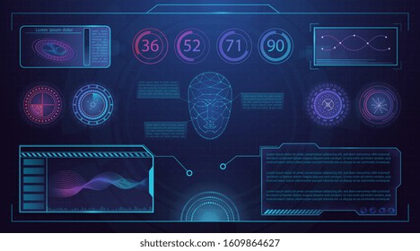 Head-up display template with futuristic user interface elements on dark blue background, with digits, graphs and windows with text floating on wide screen. Vector illustration