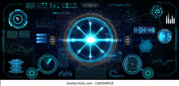 Head-Up Interface set for GUI, UI, UX design. HUD style, Technology elements set (space, dashboard, hologram, spaceship, medicine, finance, analytics) Mechanical scheme HUD electric field. Vector set