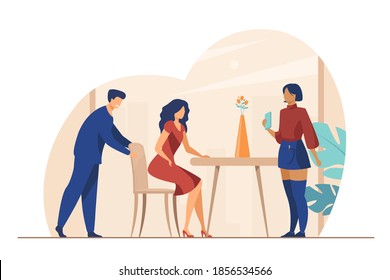 Headwaiter welcoming customer in cafe. Woman sitting down at table, waiter accepting order flat vector illustration. Restaurant, service concept for banner, website design or landing web page