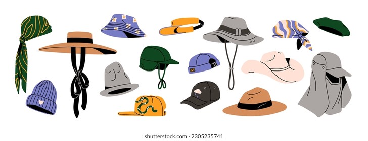 Headwear of different types set. Caps, summer panama, visor, beach, cowboy, fishing hat, beret, bandana. Head wearing, clothes collection. Flat graphic vector illustration isolated on white background