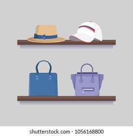 Headwear and handbags mode clothing collection, two brown shelves, cute hat with bow, mode cap with stripes, pair of female bags, vector illustration