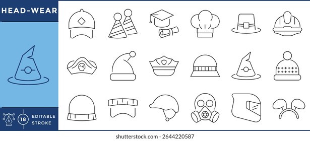 Headwear icons pack. 18 line icons. Vector editable stroke. Hat, cap, helmet, graduation, chef, pirate.