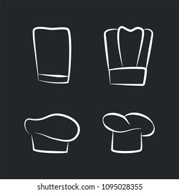 Headwear items for chef staff, bakery or cafe cook caps, white sketches of kitchen headdresses at emblems isolated vector illustrations on black.