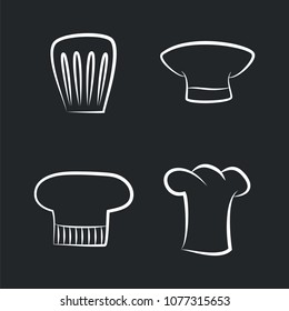 Headwear items of staff, bakery or cafe cooker caps, white sketches of emblems chef hat icons isolated on black background vector set on black