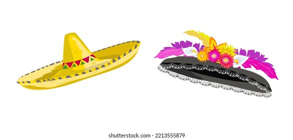 Ropa de cabeza de los mexicanos. Sombrero y sombrero de Catrina con flores y plumas de colores tradicionales para el Día de los Muertos. Elementos de diseño de dibujos animados para tarjetas, etiquetas, invitaciones y otras impresiones