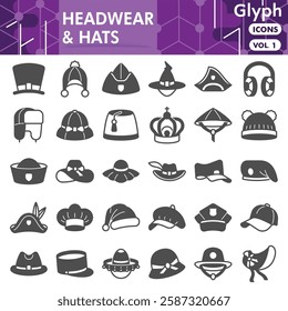 Headwear symbols collection or sketches. hats theme icons in glyph style signs for web and app. Vector graphics isolated on white background