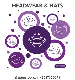 Headwear symbols collection or sketches. hats theme icons in line style signs for web and app. Vector graphics isolated on white background