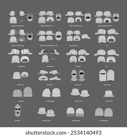 Ilustración técnica de diseño de maquetas de sombrero de Plantilla de Vector de sombreros: Colección de varios diseños de sombreros que incluyen 5 paneles, 6 paneles, militares, gorras de camionero, gorras snapback, gorras de béisbol ajustadas, cubos.