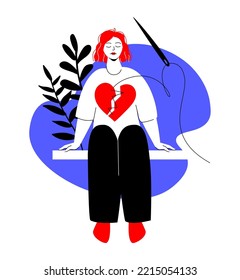 Heal a broken heart - colorful flat design style illustration with linear elements. Red and blue colored composition with emotionally depressed girl who is trying to help herself to recover. Love idea