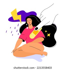 Heal emotional wounds - colorful flat design style illustration with linear elements. Composition with depressed girl and friendly hand putting on a band-aid as a solution to her problem. Care idea