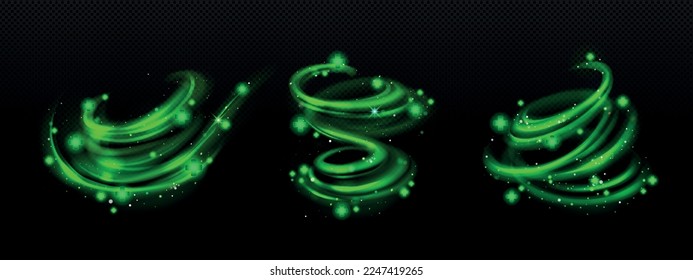 Heal self effect, green air, wind whirlwind flow with green medical cross. Glow vortex and swirls, healing power, fresh breath isolated on transparent background, Realistic 3d vector illustration