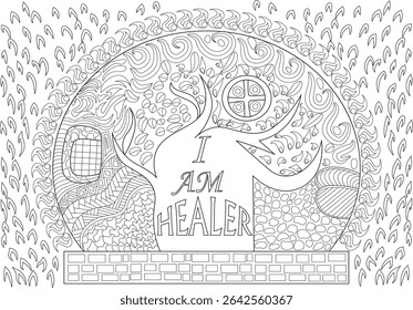 I AM HEALER Affirmation Mindfulness Coloring Page, Intricate black and white line art illustration featuring the positive affirmation text 'I AM HEALER' centered within a detailed composition of