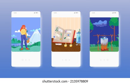 Healer gathering herbs, magic potion. Occultism. Mobile app screens, vector website banner template. UI, web site design