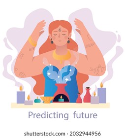 Healer guesses on herbs and fire. Woman predict future with help of her mystical abilities. Developed intuition and subtle sense of world. Cartoon flat vector illustration isolated on white background