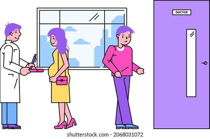 Healer therapist talk with late pregnant time woman, male walking doctor appointment line flat vector illustration, isolated on white.