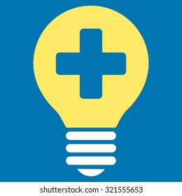 Healh Care Bulb vector icon. Style is bicolor flat symbol, yellow and white colors, rounded angles, blue background.