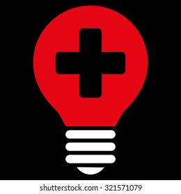 Healh Care Bulb vector icon. Style is bicolor flat symbol, red and white colors, rounded angles, black background.