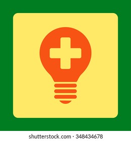 Healh Care Bulb vector icon. Style is flat rounded square button, orange and yellow colors, green background.