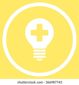 Healh Care Bulb vector icon. Style is flat circled symbol, white color, rounded angles, yellow background.