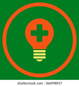 Healh Care Bulb vector icon. Style is bicolor flat circled symbol, orange and yellow colors, rounded angles, green background.