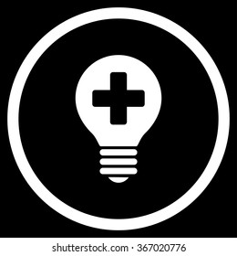 Healh Care Bulb vector icon. Style is flat circled symbol, white color, rounded angles, black background.