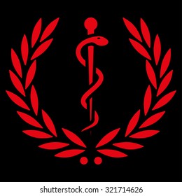 Healh Care Emblem vector icon. Style is flat symbol, red color, rounded angles, black background.