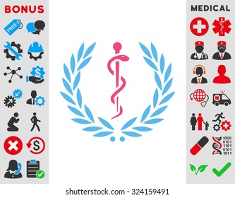 Healh Care Emblem vector icon. Style is bicolor flat symbol, pink and blue colors, rounded angles, white background.