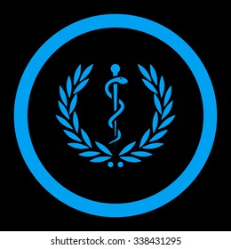 Healh Care Emblem vector icon. Style is flat rounded symbol, blue color, rounded angles, black background.