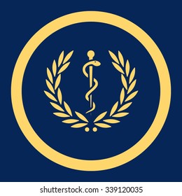 Healh Care Emblem vector icon. Style is flat rounded symbol, yellow color, rounded angles, blue background.