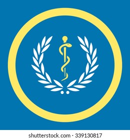 Healh Care Emblem vector icon. Style is bicolor flat rounded symbol, yellow and white colors, rounded angles, blue background.