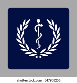 Healh Care Emblem vector icon. Style is flat rounded square button, white and dark blue colors, silver background.