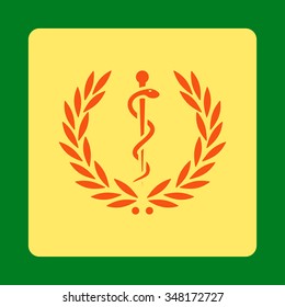 Healh Care Emblem vector icon. Style is flat rounded square button, orange and yellow colors, green background.