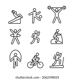 Icono de aptitud saludable. Pictograma deportivo plano para web. Icono de línea. Sencilla sala de fitness y símbolos dietéticos aislados en el fondo blanco. Pasos vectoriales de icono de contorno10