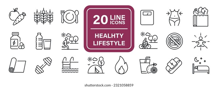 Healhty lifestyle line icons. For website marketing design, logo, app, template, ui, etc. Vector illustration.