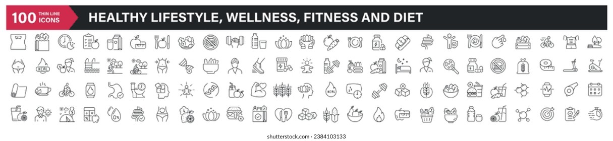 Healhty lifestyle, wellness, fitness and diet line icons. For website marketing design, logo, app, template, ui, etc. Vector illustration.