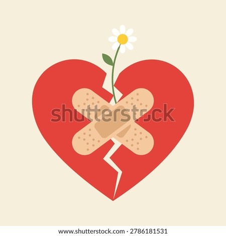 Healing a broken heart with a flower growing through the crack and bandages