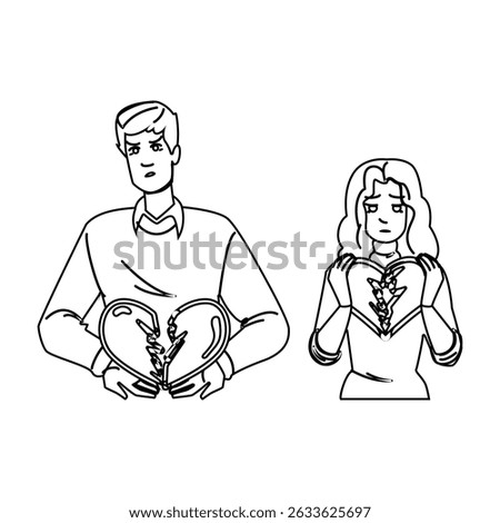 healing broken heart vector. grief loss, regret tears, sorrow despair healing broken heart character. people black line pencil drawing illustration