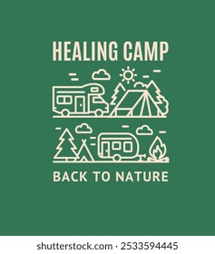 Curando Acampamento De Volta à Natureza Thin Line Icon Emblem Concept Back to Nature on a Green Background. Ilustração vetorial
