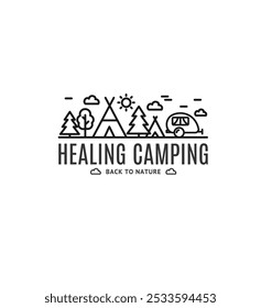 Curando Camping Sign Thin Line Ícone Emblema Conceito. Ilustração vetorial da área de recreação com Van ou reboque