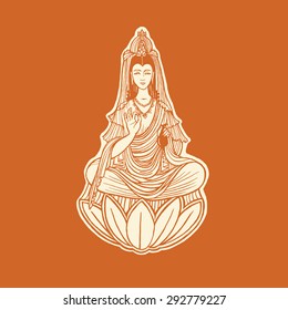 Healing concept. Chinese goddess of charity vector illustration. Charity concept. Medical care. Chinese god. Meditation. 