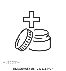 healing cosmetic cream icon, ointment jar with cross, healing medicinal product, thin line symbol - editable stroke vector illustration