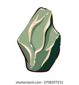 Cristal curativo con facetas orgánicas afiladas, tonos verdes suaves y delicados reflejos de doodle en estilo de dibujos animados lisos. Dibujo de elementos de piedras preciosas minerales con sensación natural tranquila, Ilustración vectorial.